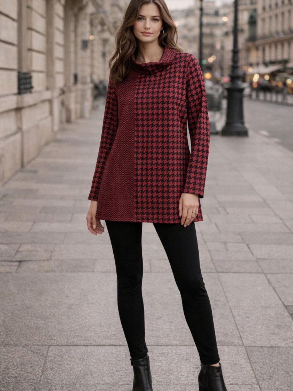 Susan Graverโ Tunic Top S Red Black Houndstooth Chic Parisian Preppy